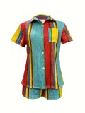 Fashion Printed Colorful Striped Shirt and Shorts Set