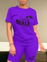 Purple Summer O-Neck Printed Short-Sleeved T-Shirt Fashion Casual Two-Piece Suit