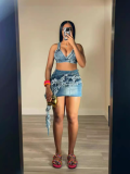 Blue Summer Fashion Personality Tassel Stretch Denim Skirt Two-Piece Suit