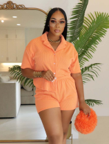 Orange Elastic Shirt Collar Stylish Casual Two-Piece Suit