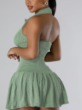 Green Casual Fashion Halterneck Backless Pleated Dress
