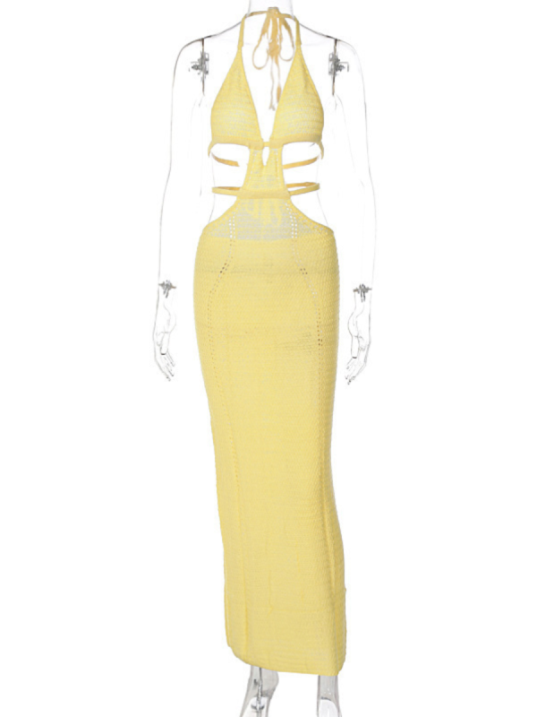Yellow Sexy Halter Neck Wrap Chest Hollow Strappy Dress