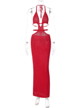 Red Sexy Halter Neck Wrap Chest Hollow Strappy Dress