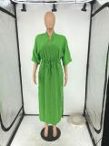Green Retro Slit Drawstring Loose Dress
