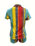 Fashion Printed Colorful Striped Shirt and Shorts Set