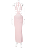 Pink Sexy Halter Neck Wrap Chest Hollow Strappy Dress
