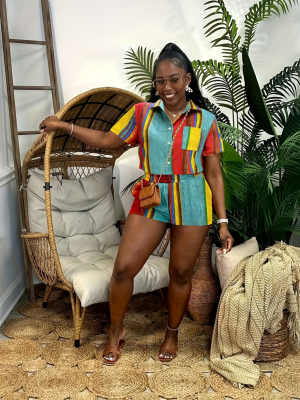 Fashion Printed Colorful Striped Shirt and Shorts Set