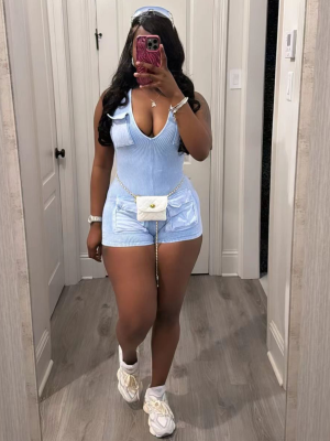 Blue New V-Neck Casual Washed Jumpsuit Shorts
