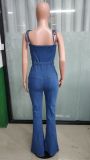 Blue Casual Sexy Suspender Slit Wide Leg Denim Jumpsuit