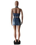 Light Blue New Embroidered Vest Short Skirt Elastic Two-Piece Set