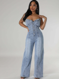 Light Blue Fashionable Tube Top Women's Slim Fit Wide-Leg Denim Jumpsuit