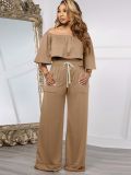 Khaki Sexy Drawstring Pocket Wide Leg Trousers Fashion Two-Piece Set