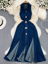 Fashionable Hollow Waist Sleeveless Single-Breasted Denim Dress（No elasticity）