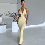 Yellow Sexy Halter Neck Wrap Chest Hollow Strappy Dress
