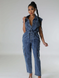 Slim Fit Stretch Washed Denim Straight Loose Jumpsuit