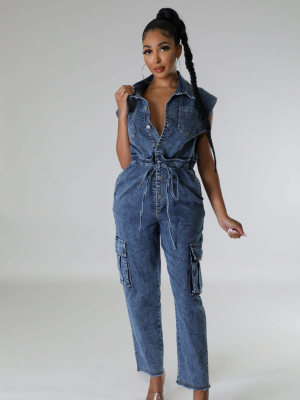 Slim Fit Stretch Washed Denim Straight Loose Jumpsuit