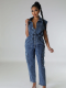 Slim Fit Stretch Washed Denim Straight Loose Jumpsuit