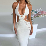 White Sexy Halter Neck Wrap Chest Hollow Strappy Dress