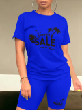 Blue Summer O-Neck Printed Short-Sleeved T-Shirt Fashion Casual Two-Piece Suit