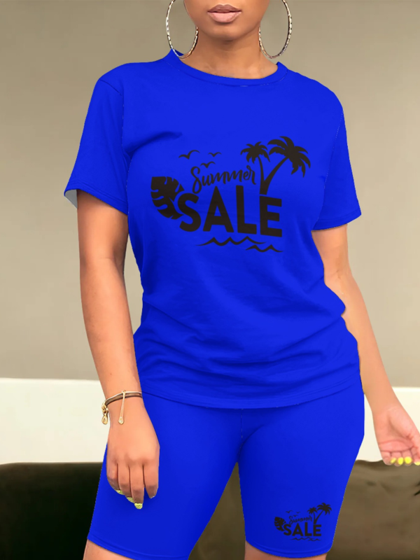 Blue Summer O-Neck Printed Short-Sleeved T-Shirt Fashion Casual Two-Piece Suit