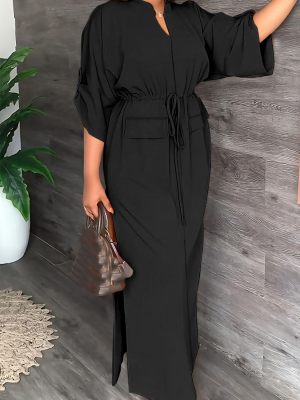 Black Retro Slit Drawstring Loose Dress