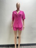 Rose Red Elastic Shirt Collar Stylish Casual Two-Piece Suit