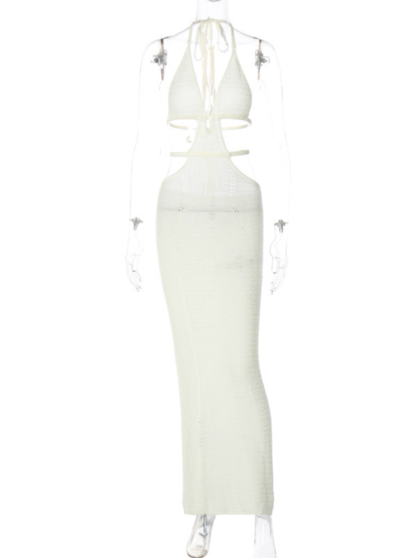 White Sexy Halter Neck Wrap Chest Hollow Strappy Dress