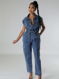 Slim Fit Stretch Washed Denim Straight Loose Jumpsuit