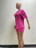 Rose Red Elastic Shirt Collar Stylish Casual Two-Piece Suit
