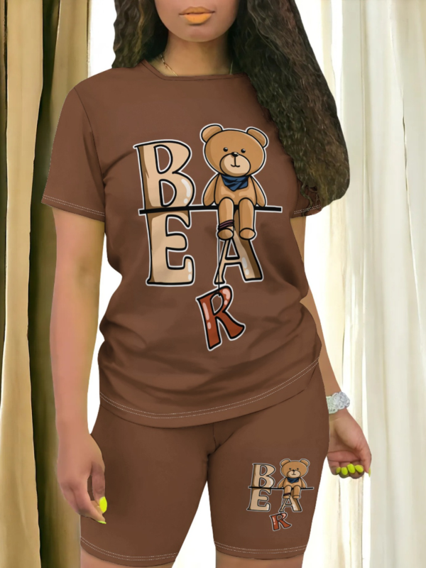 Brown Casual Cartoon Print O-Neck Short-Sleeved Two-Piece Suit