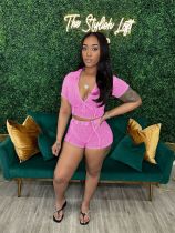 Pink Lapel Deep V Short-Sleeved Ribbed Washed Two-Piece Suit