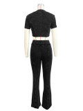 Black Threaded Washed Distressed Zipper Short Sleeve Flared Trousers Two-Piece Set