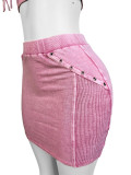 Pink Hooded Washed Distressed Navel-Baring Bat Sleeve Short Skirt Two-Piece Set