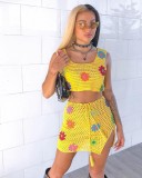 Yellow Fashionable Casual Crocheted Wool Two-piece Set