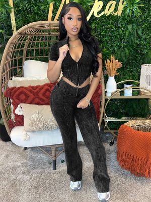 Black Threaded Washed Distressed Zipper Short Sleeve Flared Trousers Two-Piece Set
