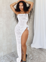 White Fashion Tube Top Slit Waistband Slim Fit Knit Dress