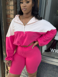 Rose Red Elastic Waist Contrast Color Long-Sleeved Shorts Sports Casual Two-Piece Suit