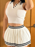 White Lapel Button-Down Striped Tight Pleated Skirt Two-Piece Set