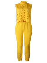 Yellow Fashionable Sleeveless Hollow Top and Pants Two-piece Set