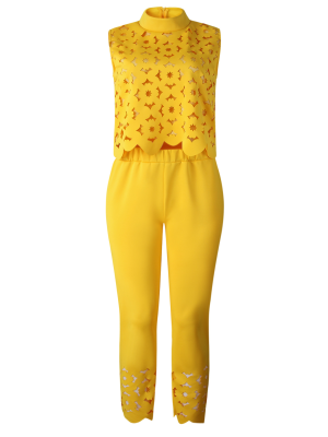 Yellow Fashionable Sleeveless Hollow Top and Pants Two-piece Set