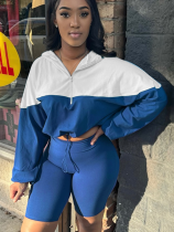 Blue Elastic Waist Contrast Color Long-Sleeved Shorts Sports Casual Two-Piece Suit