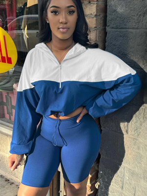 Blue Elastic Waist Contrast Color Long-Sleeved Shorts Sports Casual Two-Piece Suit
