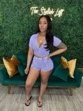 Purple Lapel Deep V Short-Sleeved Ribbed Washed Two-Piece Suit