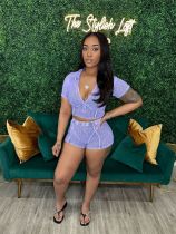 Purple Lapel Deep V Short-Sleeved Ribbed Washed Two-Piece Suit