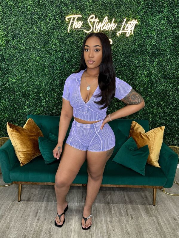 Purple Lapel Deep V Short-Sleeved Ribbed Washed Two-Piece Suit