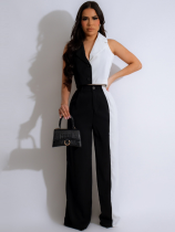 Black And White Stitching Lapel Vest Loose Wide-Leg Pants Two-Piece Suit