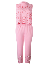 Pink Fashionable Sleeveless Hollow Top and Pants Two-piece Set