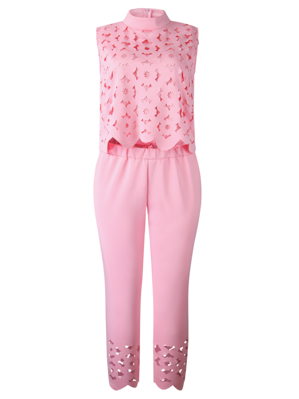 Pink Fashionable Sleeveless Hollow Top and Pants Two-piece Set