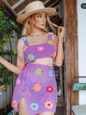 Purple Fashionable Casual Crocheted Wool Two-piece Set