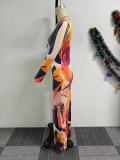 Printed Hollowed-Out Hip-Hugging Elastic Slim-Fit Long-Sleeved Dress